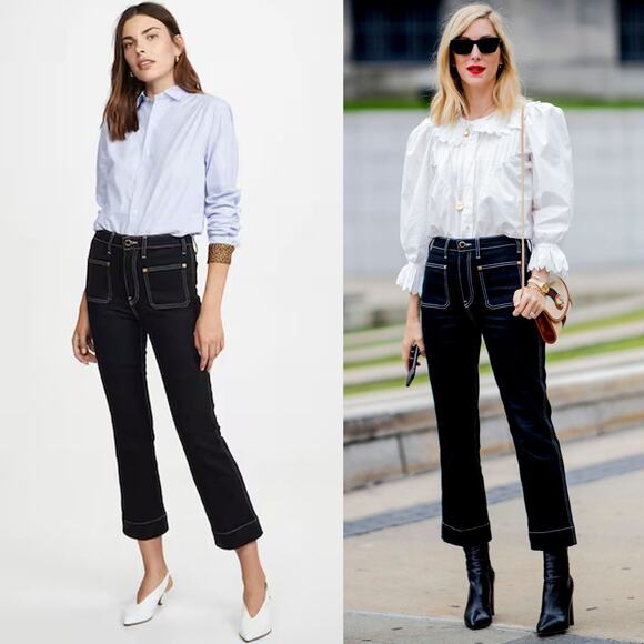 KHAITE Raquel Patch Pocket Flare White Stitch Cropped Jeans in Black Size 30 - Picture 1 of 11
